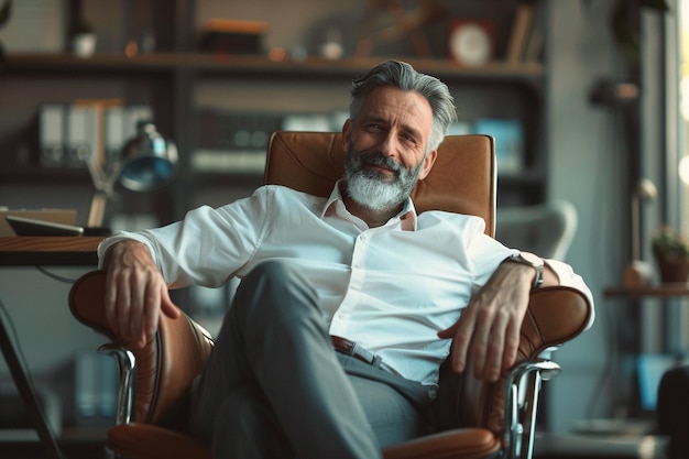 a man with a beard sits in a chair with a book shelf behind him