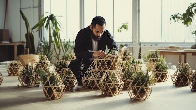 a man with a beard sits in a flower pot.