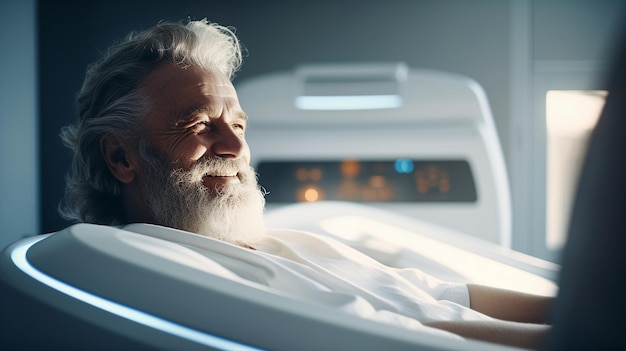 A man with a beard sits in a hospital bed and looks at the time of 11 : 00.