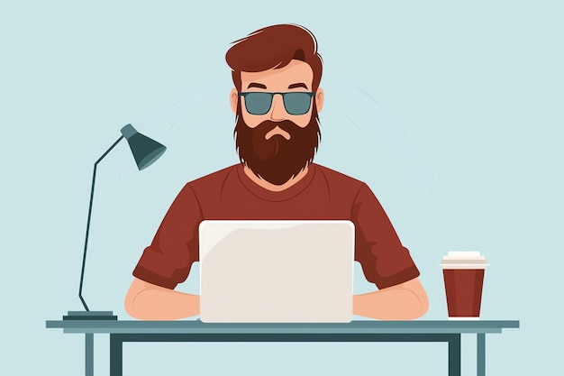 Photo a man with a beard sits at a table with a laptop and coffee