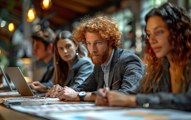 a man with a beard sits at a table with other people