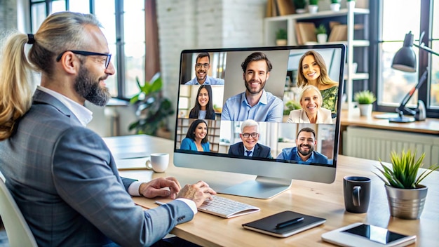 Photo man with a beard sitting in front of a computer with a group of people on the screen