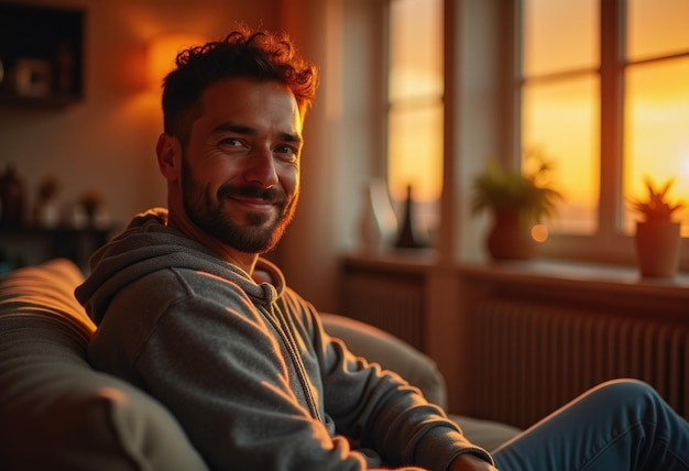 Photo a man with a beard smiles while sitting on a couch by a window with the sun setting outside