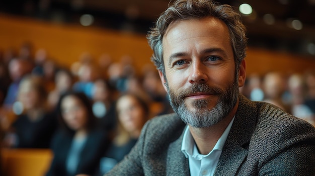 A man with a beard smiling at an audience in a conference setting