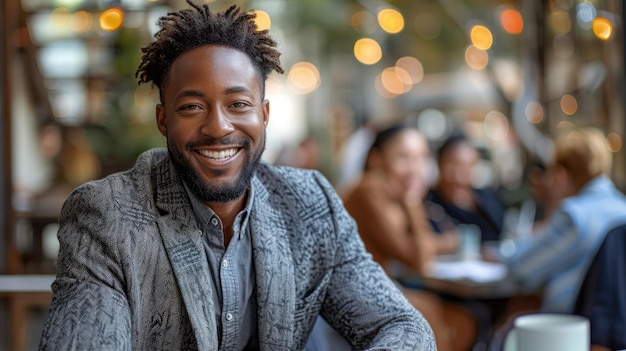 a man with a beard smiling at a table with other people in the background