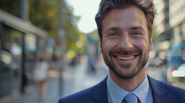 a man with a beard smiling and wearing a blue suit