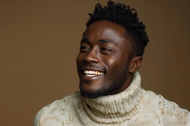 a man with a beard smiling and wearing a sweater