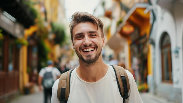 Photo a man with a beard smiling and wearing a white shirt