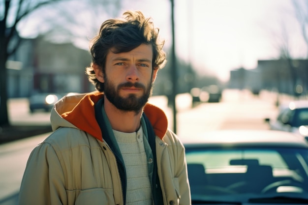 a man with a beard standing in front of a car