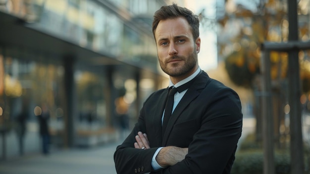 a man with a beard stands in front of a building