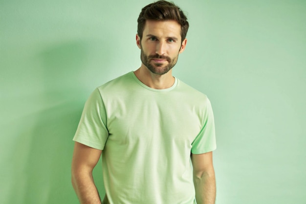 Photo a man with a beard stands in front of a green background