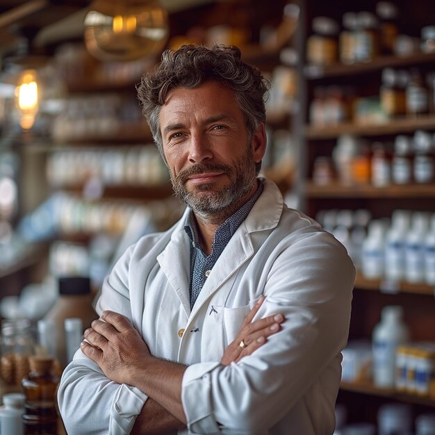 Photo a man with a beard stands in front of a shelf of bottles