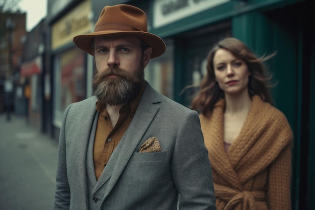 A man with a beard stands in front of a storefront with a man wearing a hat and a suit.