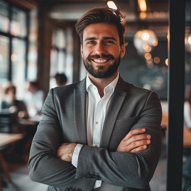 a man with a beard stands in front of a table with other people