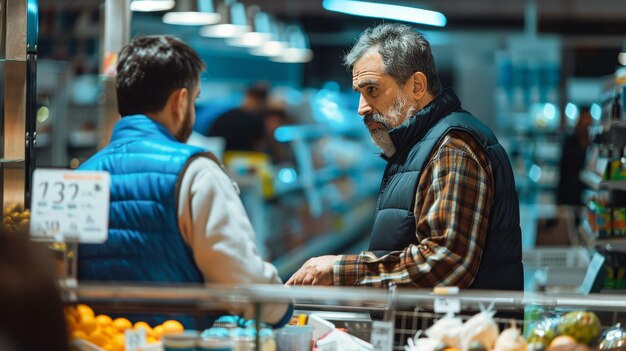 Photo a man with a beard stands in a grocery cart with a man in a blue vest