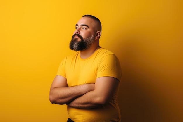 A man with a beard stands with his arms crossed against a yellow background