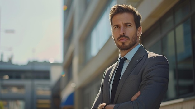 a man with a beard stands with his arms crossed