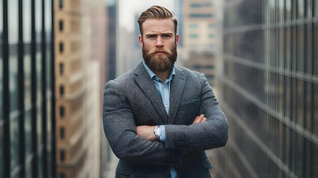 A Man with a Beard and Suit Stands Confidently in a Cityscape