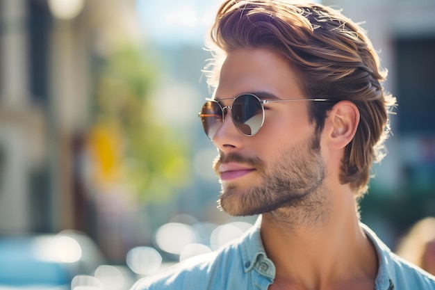 A man with a beard and sunglasses is standing on a street