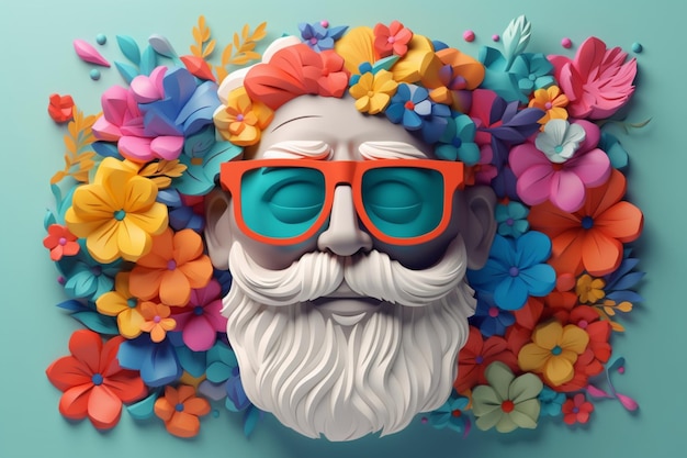 A man with a beard and sunglasses is surrounded by flowers