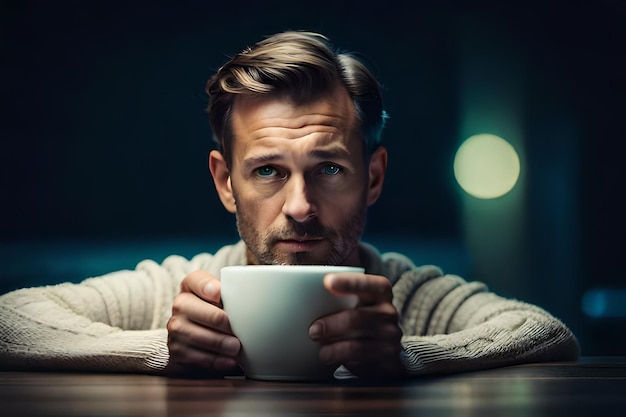 a man with a beard and a sweater on his head is looking at the camera