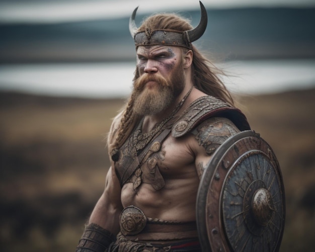 a man with a beard and a sword stands in front of a lake.