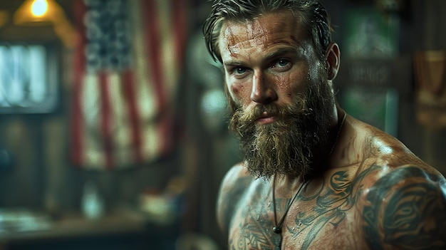 a man with a beard and tattoos on his chest is standing in front of a flag