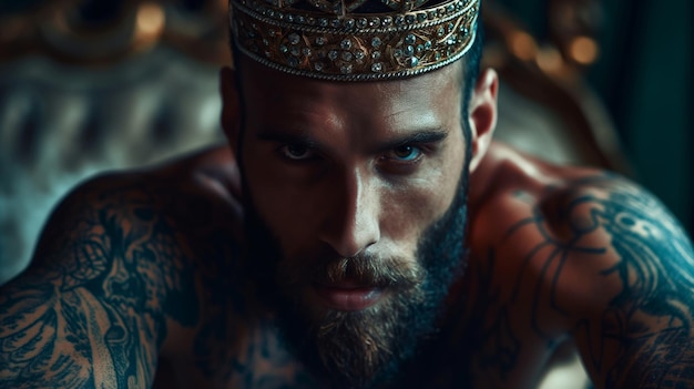 a man with a beard and tattoos on his chest is wearing a crown