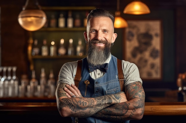 A man with a beard and tattoos stands behind a bar.