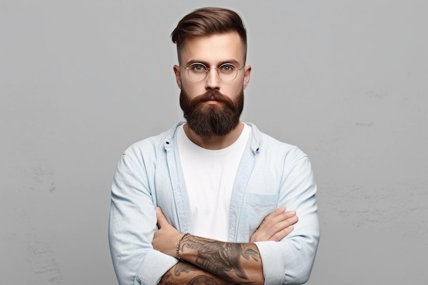 A man with a beard and tattoos stands with his arms crossed.