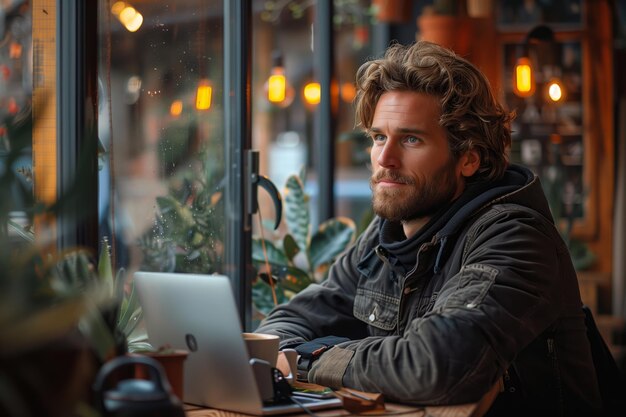 Man with beard uses laptop in cafe window seat on rainy day