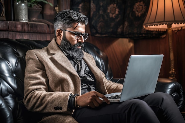 A Man with a Beard Using a Laptop