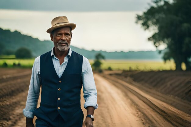 a man with a beard walks down a dirt road