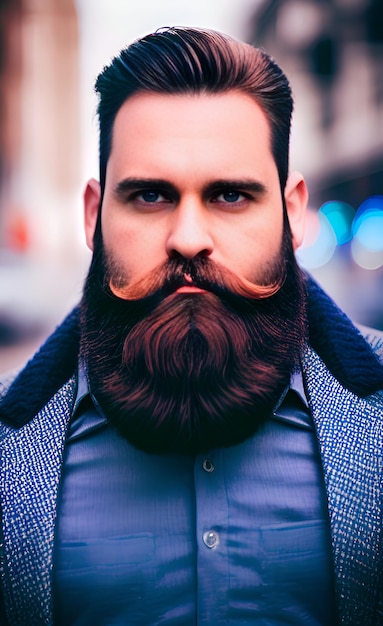 A man with a beard wearing a blue shirt and a blue shirt