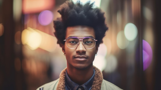 A man with a beard wearing glasses stands in a street.