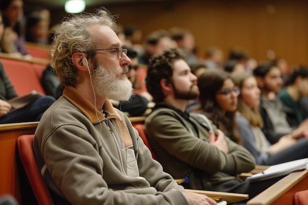 a man with a beard wearing glasses and a sweater with the word  on it