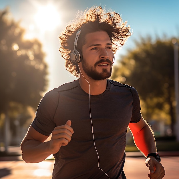 a man with a beard wearing headphones and running