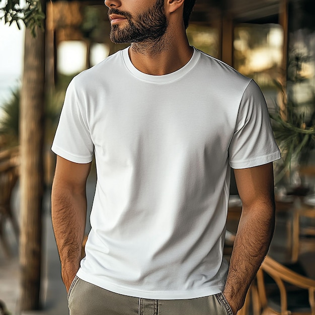 Photo a man with a beard and a white shirt is standing in front of a table