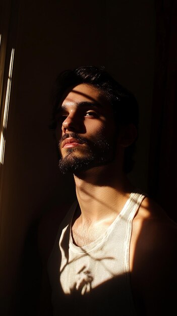 Photo a man with a beard and a white tank top