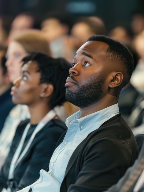 A man with a beard and a woman with a ponytail are sitting in a crowd