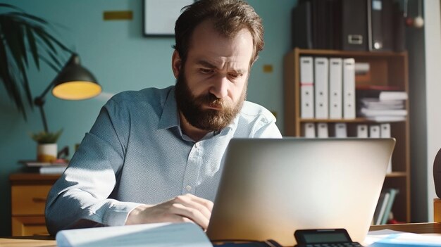 A man with a beard working intently on a laptop in a bright office setting The office is organized with files and documents around