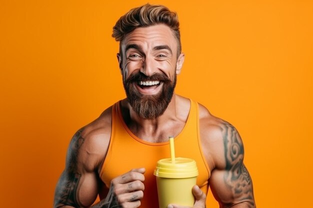 A man with a beard and a yellow bottle of juice