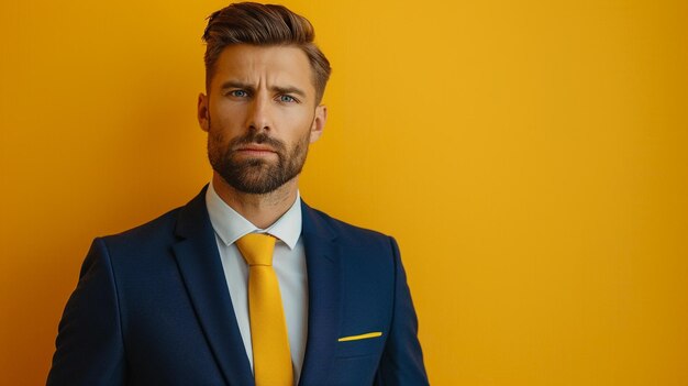 Photo a man with a beard and a yellow tie is standing against a yellow background