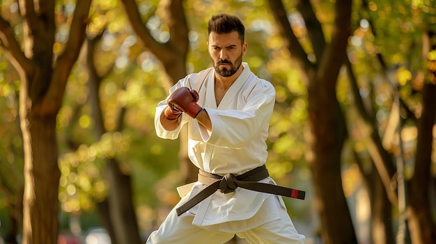 Photo a man with a belt that says  hes ready to kick a belt