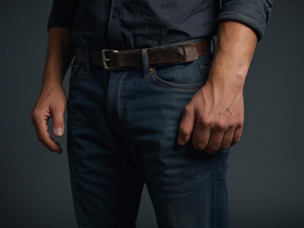 a man with a belt that says  the word  on the side