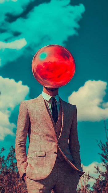 a man with a big red ball on his head is standing in front of a cloud filled sky