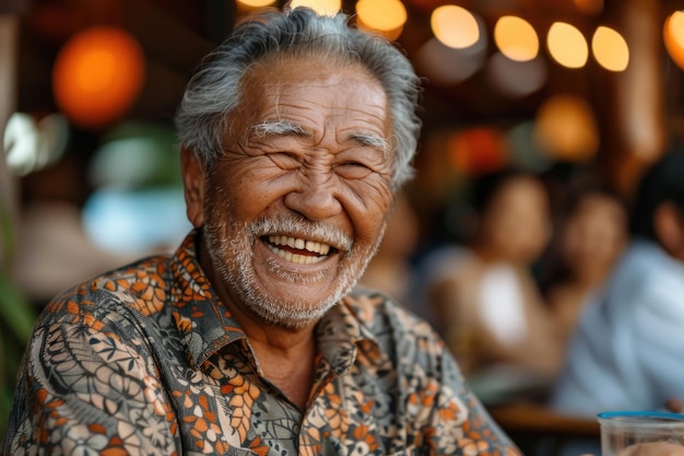 Photo a man with a big smile on his face is sitting at a table with other people