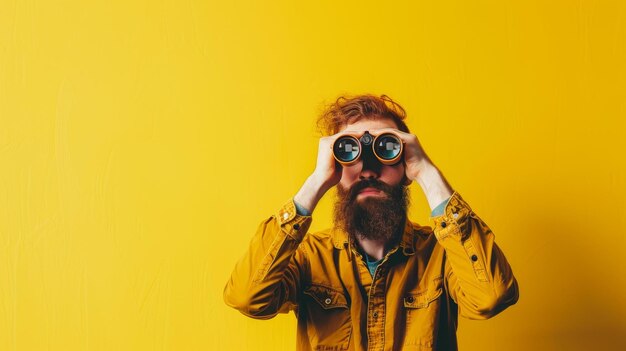 Photo man with binoculars on yellow backdrop exploring and discovering ai generated