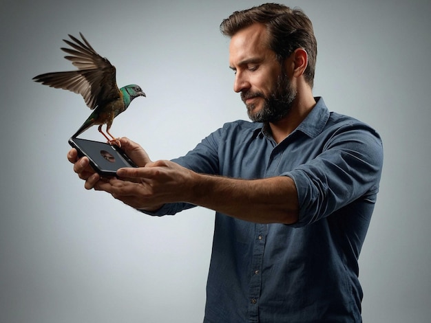 Photo a man with a bird guide arms holding a camera and a sm_1