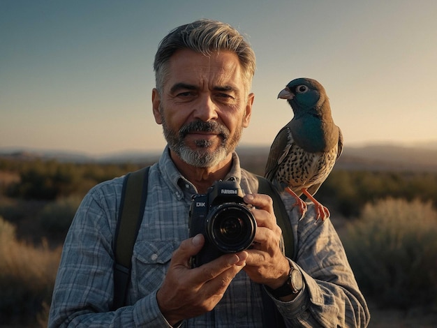 Photo a man with a bird guide arms holding a camera and a sm_3